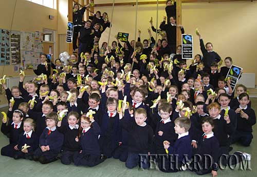 Pupils photographed at Fethard's Nano Nagle National School 'Go Bananas' event organised as part of their 'Challenge to Change' Fairtrade project in the school to promote justice in trade between Irish consumers and producers and workers in developing countries. The 'Go Bananas' event was the the finale to Fairtrade Fortnight 2009 where thousands of people all over the country were asked to eat a Fairtrade banana between noon on Friday 6 March to noon on Saturday 7 March to set a world record for the largest number of Fairtrade bananas eaten over a 24 hour period! It will unite all stakeholders: campaigners, licensees, retailers, and people in other countries in an international record breaking event.