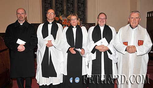 Photographed at the Harvest Festival in Fethard last Sunday were L to R: Fr. Anthony McSweeney C.C.; The Very Revd. Paul Draper, Dean of Lismore; The Revd. Canon Barbara Fryday; Revd. James Mulhall NSM and Fr. John Meagher OSA.