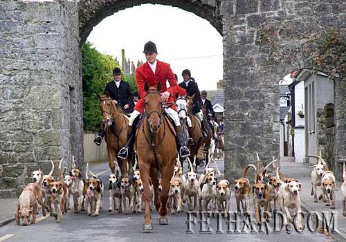 Tipperary Foxhounds making their way through Fethard's North Gate at the Opening Meet held on Bank Holiday Monday