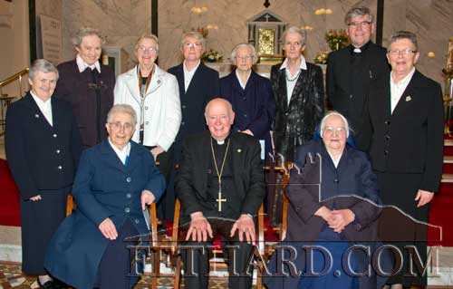 Fethard community of Presentation Sisters photographed at the 150th Anniversary Celebrations on May 1. Back L to R: Sr. Maureen Power, Sr. Maria Fletcher, Sr. Juliana Purcell, Sr. Betty Cagney, Sr. Celsus Ryan, Sr. Eilis Bergin, Canon Tom Breen P.P., Sr. Winnie Kirwan. Front L to R: Sr. Clement Wall, Archbishop Dermot Clifford and Sr. Annunciata Cleary.