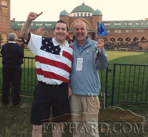 Robert McCormack sent us this photograph taken at the Ryder Cup in Chicago where he and his father, John Joe McCormack, formerly from The Green, had the pleasure of seeing Europe retain the Ryder Cup. The photograph was taken on Saturday morning before matchplay in front of Medinah Country Club. John is delighted that Europe won. He had a great time and especially loved the closing ceremony.