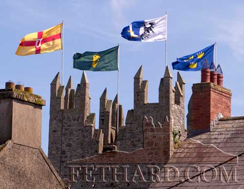 Some years ago the Fethard Historical Society arranged the making of four very large Flags to go atop the tower of Old Holy Trinity Church. The flags are of the four provinces; Munster, Leinster, Connaught and Ulster and prove very popular with locals and visitors alike. Originally, the flags were left flying during Festival Week only, but this year, thanks to local sponsorship from Coolmore Stud, new and stronger flag poles were installed so it was safe to leave the flags up all summer long. However, the flags are coming down this weekend before the windy winter comes and sheds them to pieces, but hopefully they will appear again next year when the sunny summer weather returns to Fethard.