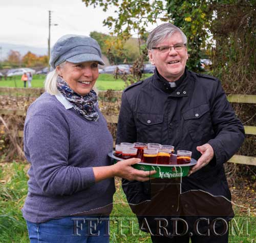 Marion Goodbody serving refreshments to Canon Tom Breen P.P. at the Opening Meet of Tipperary Foxhounds