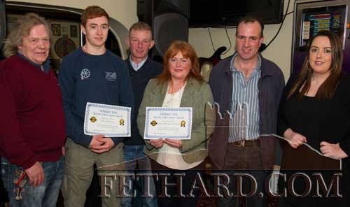 Photographed at the presentation of the Butler's Bar Fethard Sports Achievement Award for December are L to R: Michael 'Mouse' Morris (winner), Brien Delahunty, Jarleth 'Foxy' Connolly (special guest), Margaret and David Flanagan, and Ann Marie Butler (sponsor).