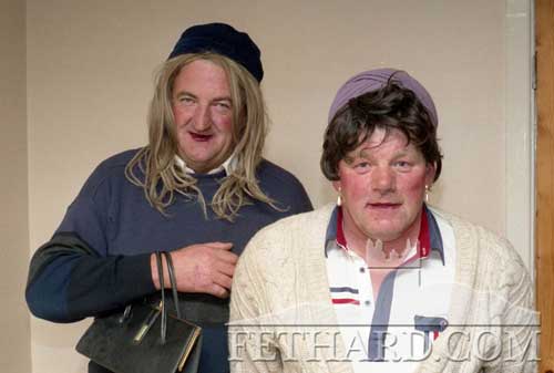 Mick Ahearn and Liam McCarthy dressed up as they were in the Fashion Show on the first night of Fethard Festival. July 1994