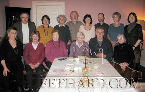 Fethard Historical Society members attending an ‘Afternoon Tea’ event in Clonacody House on Sunday last, January 11, to acknowledge the great contribution of Kitty Delany to the society over the past twenty years. Back L to R: Gerry Long, Maree Moclair, Marie O’Donnell, Terry Cunningham, Mary Hanrahan, Colm McGrath, Dóirín Saurus, Jennifer Whyte. Front L to R: Patricia Looby (Chairperson FHS), Catherine O’Flynn, Ann Gleeson, Kitty Delany, John Cooney and Ann Lynch.
