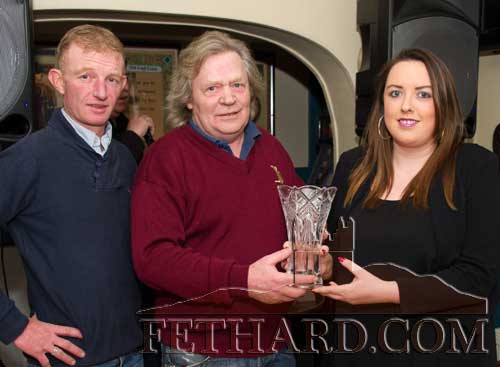 Michael 'Mouse' Morris (centre), winner of the Butler's Bar Fethard Sports Achievement Award for December, receiving his award from Anne Marie Butler (sponsor). Also included is special sports guest, well-known retired amateur jockey, Jarleth 'Foxy' Connolly, who is now based in Ballydoyle Stables for the past 13 years.