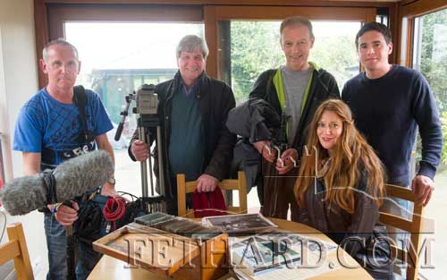 UTV's 'Lesser Spotted Journeys' crew photographed at Rocklow Road where they spoke to Joe Kenny about the Kenrick Collection of Glass Plates and the Annual Emigrants' Newsletter. L to R: Billy Gallagher (sound), Joe Mahon (presenter), Vinny Cunningham (camera), Patrick Mahon (research) and Orlagh Bann (sitting).