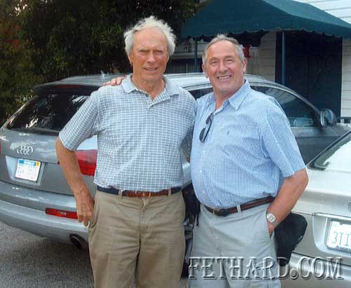 Mike Fahy, Moyglass, photographed with  American actor, film director, film producer, and composer Clint Eastwood (left) on a recent visit to Carmel, California,  USA.  Mr. Eastwood owns the exclusive Tehàma Golf Club, located in Carmel-by-the-Sea. The invitation-only club reportedly has around 300 members and a joining price of $500,000. He is an investor of the world famous Pebble Beach Golf Links. Eastwood is also the owner of the Mission Ranch Hotel and Restaurant, located in Carmel-by-the-Sea. He is an experienced pilot and sometimes flies his own helicopter to the studio to avoid traffic.
