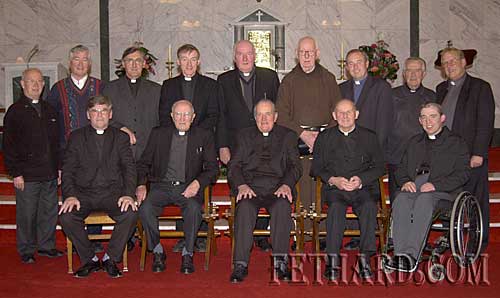 Canon Power photographed with the other priests who concelebrated his Golden Jubilee Mass on 26th June 2002.  Back L to R: Fr. Timmy Walsh, Fr. Ben O’Brien OSA, Fr. John McGrath, Fr. Christy Maguire, Fr Jim Fogarty, FR. Albert Hayes, Fr. Michael Ryan, Fr. John Meagher OSA, Fr. Tony Lambe.  Front L to R: Fr. Tom Breen, Fr. Michael Meagher, Canon James Power, Fr. John Dwyer and Fr. Michael Barry. 