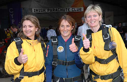 Suited, booted, and ready for action are L to R: Caroline Sheehan, Maureen McCarthy and Alice Butler, photographed before their Parachute Jump in aid of Fethard Ladies Football Club, that took place on 25th July at Clonbollogue, Co. Offaly. The three girls were thrilled with the experience after the jump.
