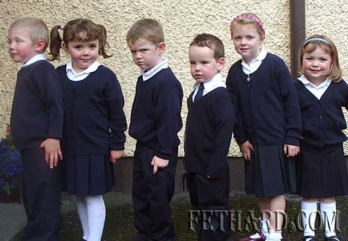 Six junior infants who started school in Killusty National School last week. L to R: Andy Duggan, Rose O’Donnell, Dara O’Meara, Charlie Hackett, Éabha Ryan and Amy Morrissey.