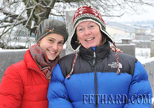 Theresa Braun and Liz Kennedy enjoying a walk in the snow by Fethard's Clashawley river.