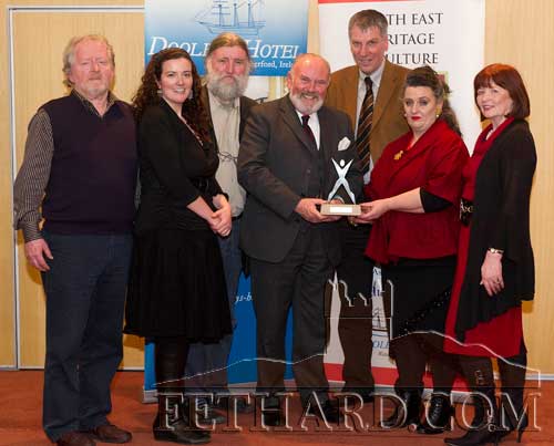Photographed at the presentation of the Munster Express/Dooley’s Hotel South East Heritage and Cultural Awards in Waterford where Fethard Medieval Festival won an award are L to R: Terry Cunningham (Chairman Fethard Historical Society), Labhaoise McKenna (Heritage Officer South Tipperary County Council), Joe Kenny (Chairman Fethard & Killusty Community Council), guest speaker Senator David Norris, Michael Starrett (CEO Heritage Council), Pat Looby and Mary Hanrahan.