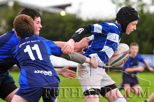 Jack Dolan breaks through a tackle during Fethard's 29 to 10 win over Waterford City in the second round of the Under 13 League on Saturday, October 22. (Photo Kieran Butler)