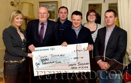 The South Tipperary Macra New Years Eve Ball Committee presenting a cheque for €1,000 to the South Tipperary Hospice Movement in McCarthy's Bar, Fethard. L to R: Fiona Shanahan, Jim Bond (South Tipperary Hospice Movement), Kevin Byrne, Mike Moclair, Una Ryan and Darren Fahey.