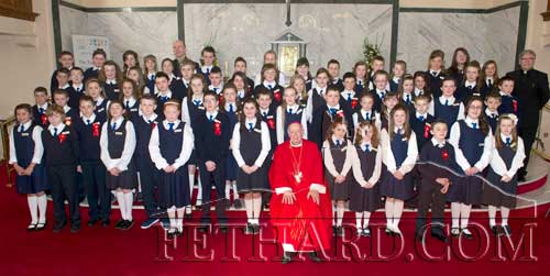 Children from the Parish of Fethard and Killusty who received the Sacrament of Confirmation in Holy Trinity Parish Church, Fethard, on Friday 12th April, photographed with His Grace, Most Rev Dr. Dermot Clifford, Archbishop of Cashel and Emly. Also included is Canon Tom Breen P.P. and Fr. Anthony McSweeney C.C. 