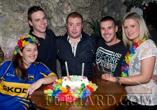 L to R: Tina Ryan, Ollie Burke, Bill Walsh, Matt Grant and Emma Smyth who are emigrating to Australia this week photographed at their farewell party at The Castle Inn on Sunday night last.