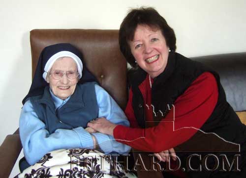 Sr. Philomena, who celebrated her 100th birthday on Monday, August 20, is photographed above with her former pupil, Anne Kenrick, last April.