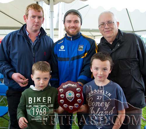 Photographed at the presentation of the Clerihan Community Shield for Under-8 teams at the Harvest Food Festival are Back L to R: Paddy Cooney (sponsor of medals and shields), Johnny 'B' (O`Brien) who presented the medals, Fr. Ailbe O Bric (Clerihan). Front L to R: Christian Flannery, captain of the winning team 'Clerihan Warriers', and Issac McCarthy, captain of the runners-up 'Slievenamon Hilbillies'.