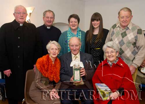 Photographed at the presentation of Fethard Historical Society's 'Tipperariana Book of the Year' for 2011 to William J. Hayes for his book, 'Holycross, The Awakening of the Abbey', at a special reception held in the Abymill Theatre, Fethard on Saturday 28th January, are Back L to R: Fr. Tom Breen P.P. Holycross; Fr. Celsus Tierney C.C. Holycross; Marie Moclair; Molly Moclair; Joe Hayes. Front L to R: Maureen Hayes, William J. Hayes and Mossie Hayes.