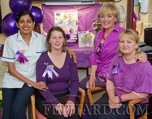 Residents, families and staff at Willowbrook Lodge Nursing Home participated in a ‘purple day’ tea party, ‘Solidarity through the Generations’, in aid of Crumlin Children's Hospital as part of Positive Ageing Week. Photographed at the  ‘purple day’ tea party are staff members L to R: Sona Wilfred, Grace Ryan, Noelle Killeen (Manager), and Andrea Matisz.