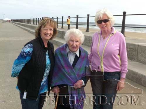 Lou (Kenrick) Totonchi, originally from Burke Strreet Fethard and now living in Illinois, USA, photographed with Josie Casey who recently celebrated her 100th birthday and her daughter Mary Casey from Fethard after a chance meeting on Tramore Promenade.