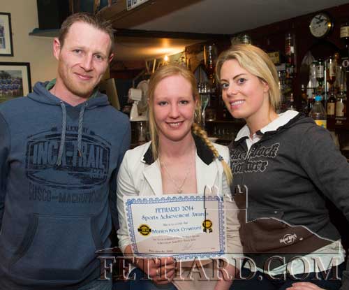Photographed at the presentation of Butler's Bar Fethard Sports Achievement Award for March are L to R: Denis Fahey, Monica Knox Crawford and Natalie Jordan. 