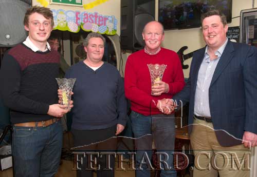 Barry O'Connor, representing O'Connor Accountants, Clonmel, presenting the Butler's Bar Fethard Sport's Achievement Award for March to winners Tommy Anglim and Ben Murray.  L to R: Tommy Anglim, John Woodlock (special guest), Paul Kavanagh who accepted the award on behalf of Ben Murray, and this month's sponsor, Barry O'Connor.