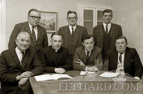 Founder members of Fethard Credit Union inaugurated by the people of Fethard in April, 1970. Back L. to R: Dr. Jeremiah Maher, Dick Gorey, Jim Ryan, Front: Bill Mulligan (secretary), Fr. Sean Kennedy (chairman), Jimmy Connolly (treasurer) and Sean Henehan. The photograph was taken, coincidentally, in the premises now owned by the Credit Union.