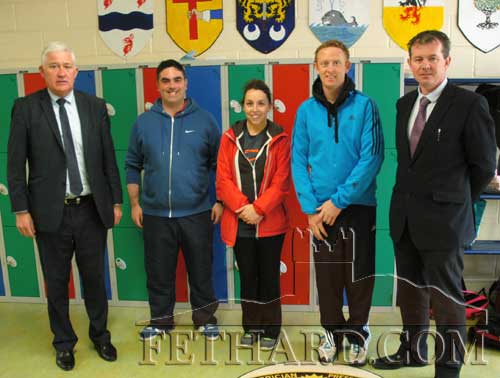 Kerry football legend Colm Cooper photographed on his visit to Patrician Presentation Secondary School Fethard. L to R John Palmer (AIB Fethard), Ian O'Connor, Helena Walsh (PE Teacher), Colm Cooper and school principal Michael O'Sullivan.