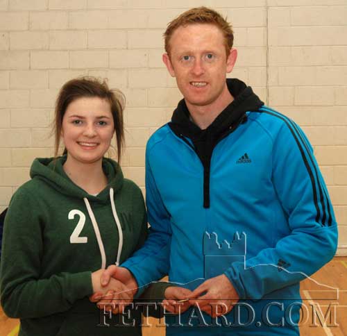 Colm Cooper presenting Ciara Hayes with her Sports Day Skills medal at Fethard Secondary School