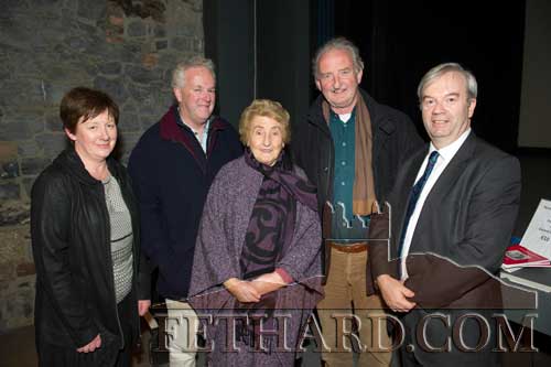 Photographed at the lecture on D.P. Walsh by Seán Hogan in the Abymill Theatre, Fethard are L to R: Mary Walsh (Fethard), Barry Walsh (Fethard), Mary Walsh (daughter-in-law of D.P. Walsh), Donal Walsh (grandson) and Seán Hogan who gave the talk "D.P. Walsh — A Forgotten Hero of Tipperary’s Decade of Revolution?"