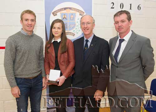 The winner of the Bishop Delaney Award for the best Leaving Cert Results 2016 was Orla Walsh. The trophy was presented by special guest Tipperary hurler, Noel McGrath. Photographed at the presentation are L to R: Noel McGrath, Orla Walsh, Bro Matthew Hayes (Patrician Brothers) and Mr Michael O'Sullivan (School Principal). Orla achieved 530 points in her Leaving Cert and is now studying Agriculture in UCD.