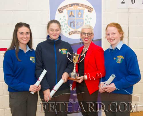 Transition Year's 'Adam O'Donnell Enterprise Award', presented to winning team 'Jar Latte' by Adam's mother to L to R: Carly Tobin, Shauna O'Neill, Sue Anne O'Donnell (mother of the late Adam) and Emma Cronin.