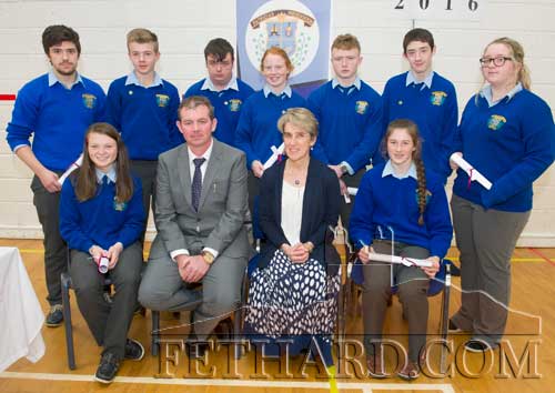 Ms Marie Maher and Mr Michael O'Sullivan (School Principal) photographed with the elected members of the Students Council. Back L to R: Dylan Fenlon (6th Year), Keith Morrissey (3rd Year), Gavin Mullally (4th Year), Emma Cronin (5th Year), Liam Quigley (5th Year), Patrick Shine (2nd Year), Aisling Geoghegan (6th Year). Front L to R: Michelle Cronin (2nd Year), Mr Michael O'Sullivan (School Principal), Ms Marie Maher, and Lucy Spillane (3rd Year). Missing from photo is Shannon Cantwell (4th Year).