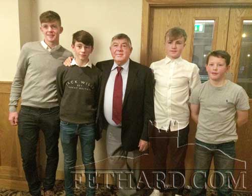 Special guest speaker, Babs Keating, photographed at the presentation of South Championship medals with Fethard’s Jack Ward and Stephen Crotty, Divisional medal winners; Ryan Walsh, U14 hurling Captain and Conor Neville, U12 hurling Captain.The award ceremony was held at Clonmel Park Hotel on Sunday night last, November 20.