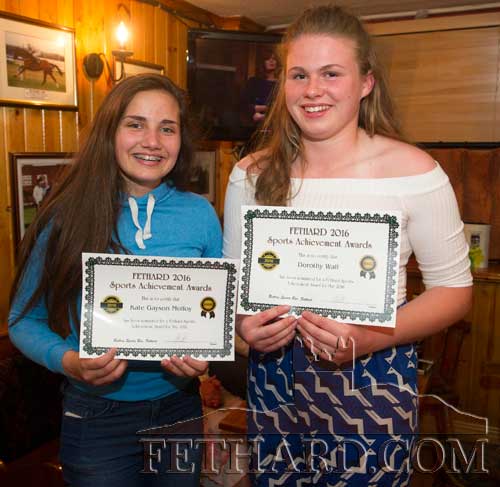 Award nominees, Kate Gayson Molloy and Dorothy Wall (right), photographed at the  presentation of the the Butler’s Bar Fethard Sports Achievement Award for May. Both girls are members of Fethard Ladies Rugby U18 team and were nominated after being recently selected to play for the Munster ladies rugby team.