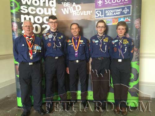 Fethard Scouts, Dylan Ryan, David Moclair and Dan Walsh, pictured above with mentors, Robert Phelan and Christy McCann, after receiving their Gaisce Medal and Chief Scout Award Medal at a special event held in Trinity College Dublin.