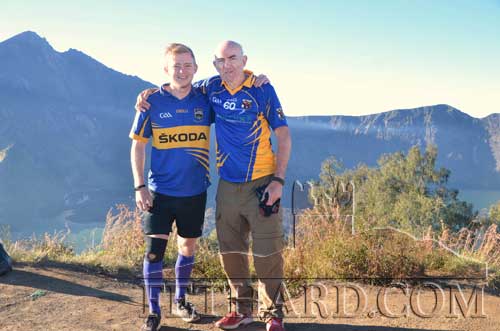 Joe and Jack Lacy from Moyglass celebrating Tipp's great win over Derry in the Senior Football Championship, from the crater rim of Mt Rinjani in Indonesia. Rinjani is one of 129 active volcanoes in the ring of fire in Indonesia. 