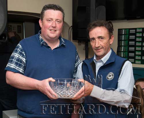 Barry O’Connor, Accounting & Bookkeeping Service, Clonmel, presenting the Butler’s Bar Sports Achievement Award for June to Michael Duffey, who represented the winner, racehorse trainer, Joe Murphy.