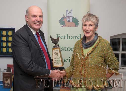 Dóirín Saurus, Fethard Historical Society, presenting the winning author Gerard O'Meara, with the Tipperariana 'Book of the Year' award for 2016, for his publication, 'Lorrha People in the Great War'.