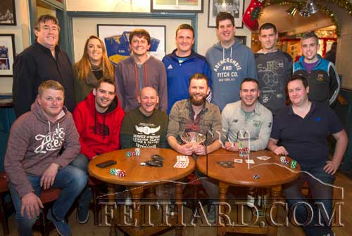Full group of card players that took part in the Texas Hold'em Card League at Butler's Bar Fethard. Back L to R: Philip Butler, Anne Marie Butler, Niall Hayes, Stephen O'Meara, Glynn O'Meara, Sean O'Hara, Darragh Corbett. Front L to R: Johnny Ryan, Steven Harrington, Brendan Keating, Richard Hayes (League Winner 2017), Kenneth O'Donnell and Keith Woodlock. 