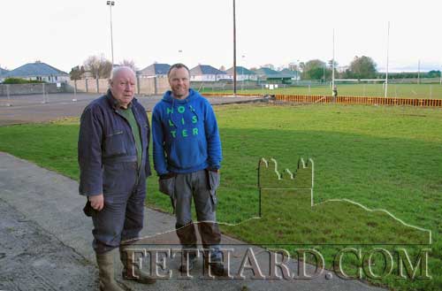 Fethard GAA members Austin Godfrey and Ian Kenrick photographed on the site of Fethard GAA Club’s new AstroTurf all-weather pitch which commenced last week. (Photo by Miceál McCormack)