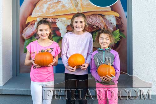 Ailise, Mary Ann and Claire Fitzgerald getting their pumpkins ready for Halloween in Fethard 
