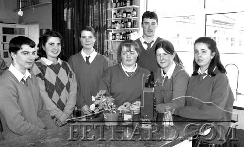 Pupils from Fethard Patrician Presentation Secondary School pictured with their entry for 1995 Young Scientist Exhibition. L to R: Eric O’Donnell, Miss Margaret O’Neill (teacher), Bridget Purcell, Ursula Bradshaw, Donnacha Prendergast, Leona Holohan and Helen Morrissey. The pupils project was on ‘Water Pollution’.