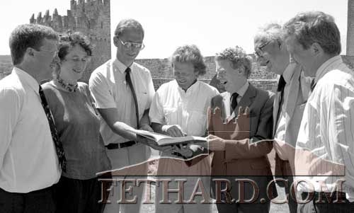 Group pictured at the presentation of the completed Archaeological Survey of Fethard to the County Council and Friends of Fethard on June 28, 1995, are L to R: Dr. Tadhg O'Keeffe (author); Dóirín Saurus, Fethard Historical Society; Jack O'Keeffe, Friends of Fethard; 'Mouse' Morris, Friends of Fethard; Austin Dunphy, Heritage Council; Maurice Creagh, Architectural Historian; and Liam Hayes, Chairman Fethard & Killusty Council.