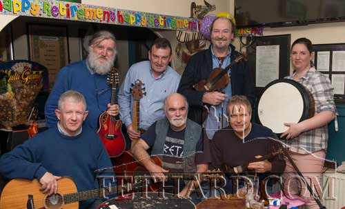 Pheasant Pluckers who provided the music for John Fogarty's retirement. Back L to R: Joe Kenny, Barry Connolly, John Shortall, Maresa Dolan. Front L to R: Jimmy Trehy, Dom O'Driscoll and Marc van Dommelen. 