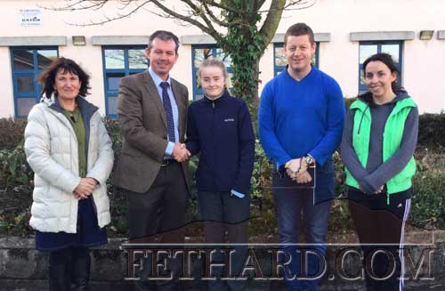 Kate Davey, a 6th Year student at Patrician Presentation Secondary School, and a member of the Munster Inter-Provincial Ladies’ Football team, is photographed above being congratulated on her sporting achievements by school staff members L to R: Ms Mary Anne Fogarty (Deputy Principal), Mr Michael O’Sullivan (Principal), Kate Davey, Mr John Cummins (Football Coordinator) and Ms Helen Walsh (P.E. Teacher).