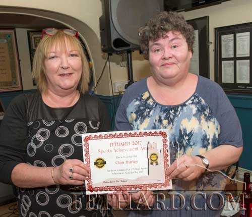Anne Butler, Butler's Bar, presenting certificate to Mary Hurley, who accepted on behalf of her son Cian Hurley who was nominated for the Fethard Sports Achievement Award presentation for May. Cian won two gold medals at the recent Special Olympic Gala held in Limerick.